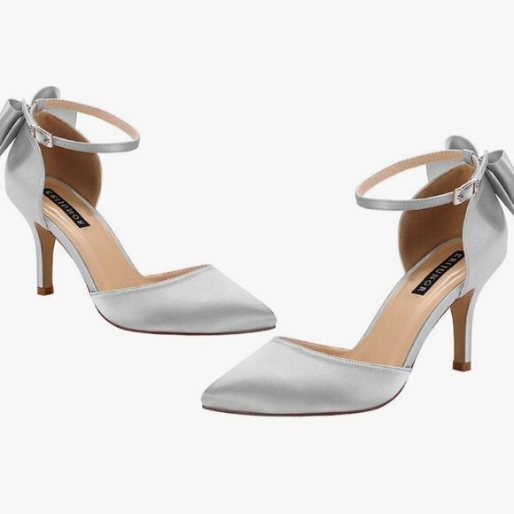 ⛱️NWOB Silver Satin Mid-Heel Pumps w/Bow & Ankle Strap Size 8 - Picture 1 of 13